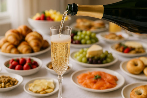 Eine Flasche Schaumwein, die in ein Champagner-Glas einschenkt. Im Hintergrund ein Brunchbuffet. Als Symbol für CORE Wines Schaumweine